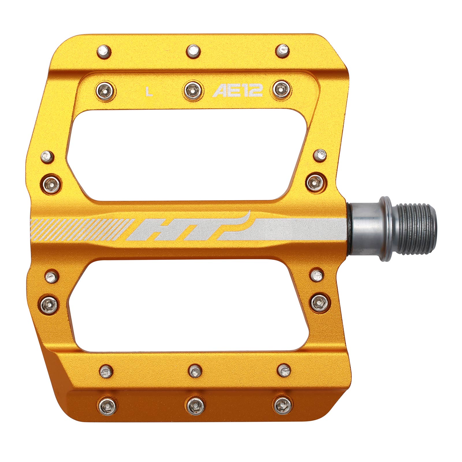 The gold HT AE12 pedal features a flat design with visible screw placements, "HT" logo, left-side label, EVO+ system, durable CNC aluminum construction, and a sleek silver spindle on the right.