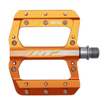 The HT AE12 Pedals are orange bicycle pedals with metal studs, crafted from CNC aluminum and featuring the dependable EVO+ system for improved performance.