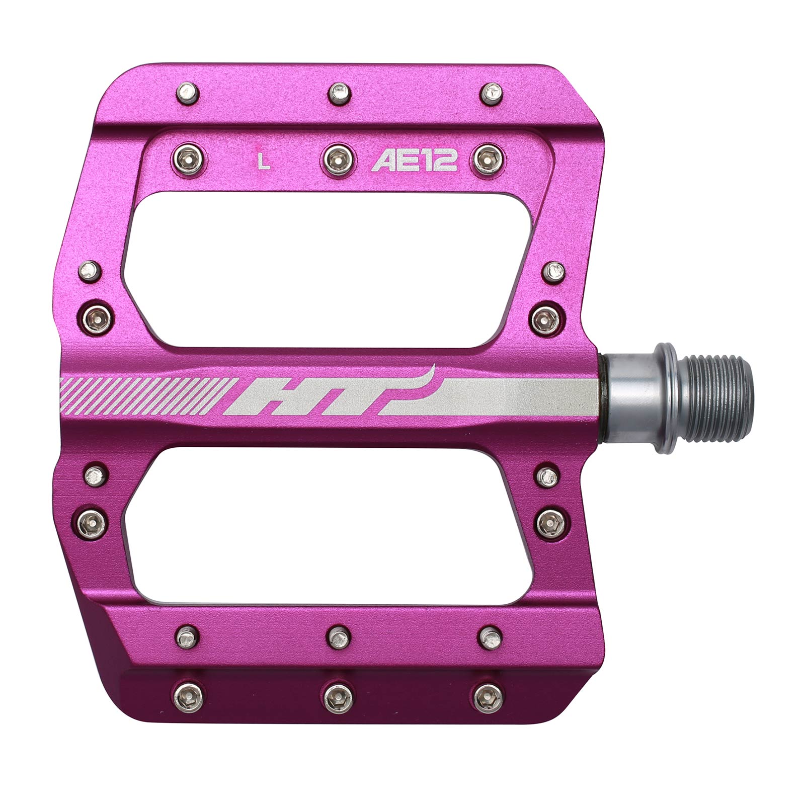 The HT AE12 pedals feature a pink design with a silver axle, "L" and "AE12" markings, multiple metal grip pins, the "HT" logo, and are crafted from CNC aluminium. They include the advanced EVO+ system for enhanced performance.