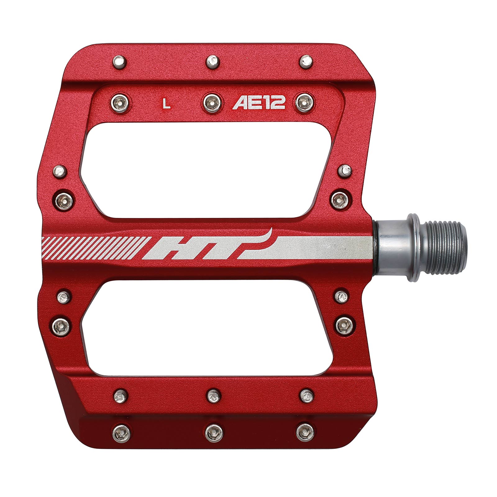 The HT AE12 Pedals feature a large rectangular CNC aluminum frame with metal pins and an "L" for left-side indication. Their EVO+ system guarantees smooth performance on every ride.