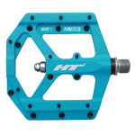 The HT ME03 Pedals feature a CNC magnesium blue body, replaceable SAP pins, and a robust metal spindle. Enhanced with "EVO L ME03" and "HT" logos, these stylish pedals are a functional upgrade for any bike.