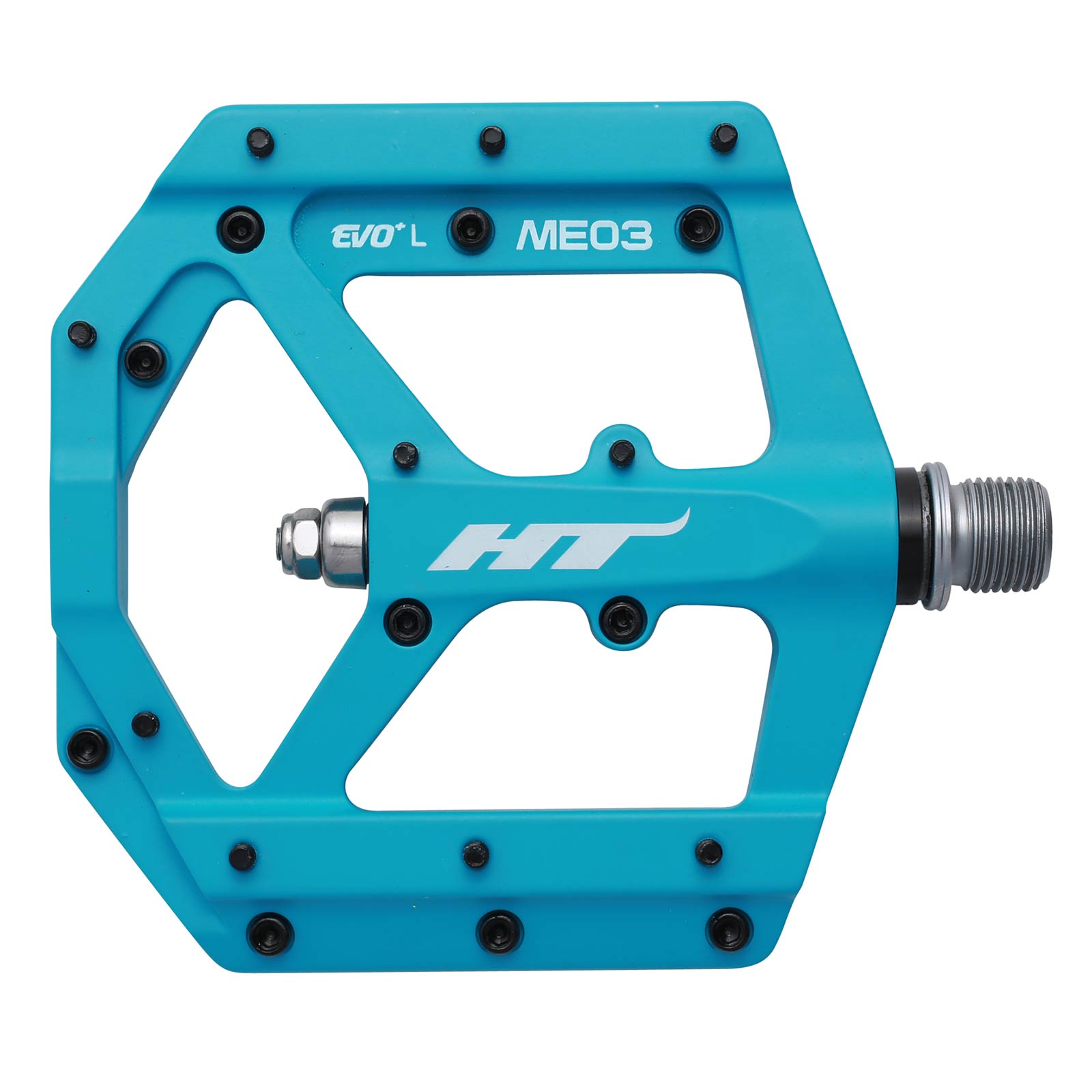 The HT ME03 Pedals feature a CNC magnesium blue body, replaceable SAP pins, and a robust metal spindle. Enhanced with "EVO L ME03" and "HT" logos, these stylish pedals are a functional upgrade for any bike.