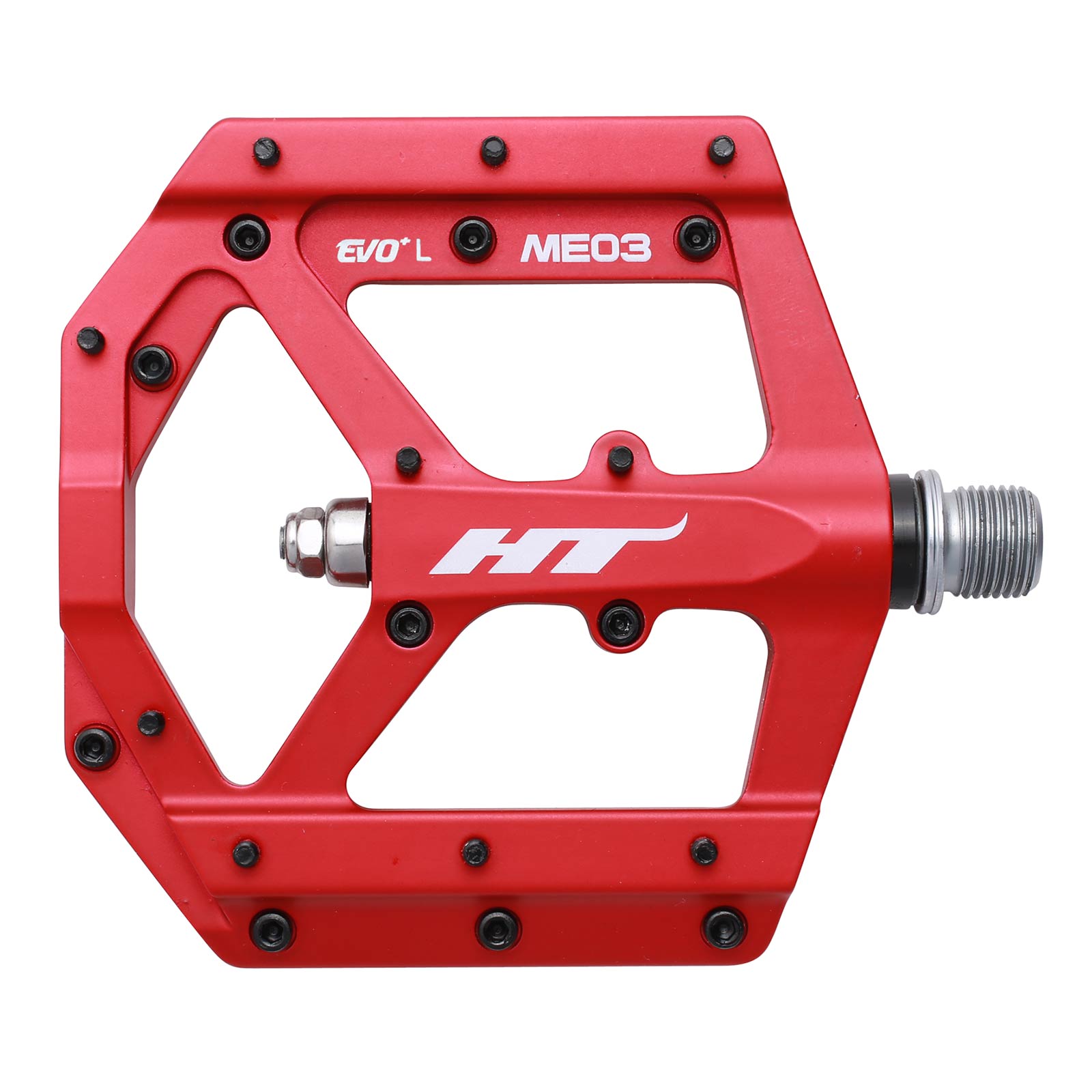 The HT ME03 Pedals are crafted from CNC magnesium with a flashy design, multiple replaceable SAP pins, and red "EVO+ L" labeling, ensuring an appealing look and reliable performance.