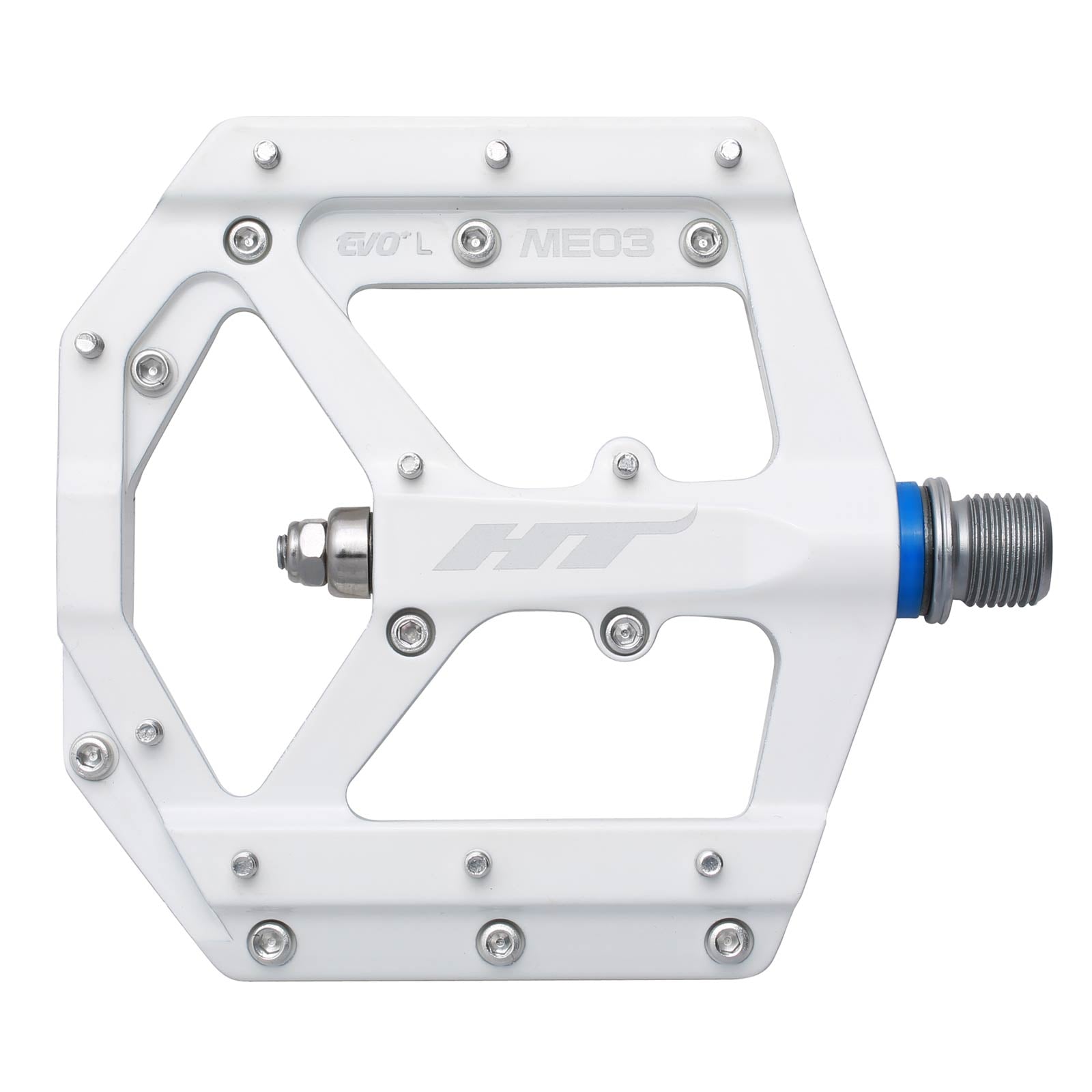 The HT ME03 Pedals are white bicycle pedals with CNC magnesium finish, featuring metal pins, a central axle, and the EVO+ system logo on the side.