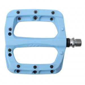 The HT PA03A Pedals feature a light blue, nylon-reinforced composite body with replaceable SAP pins and a silver spindle.