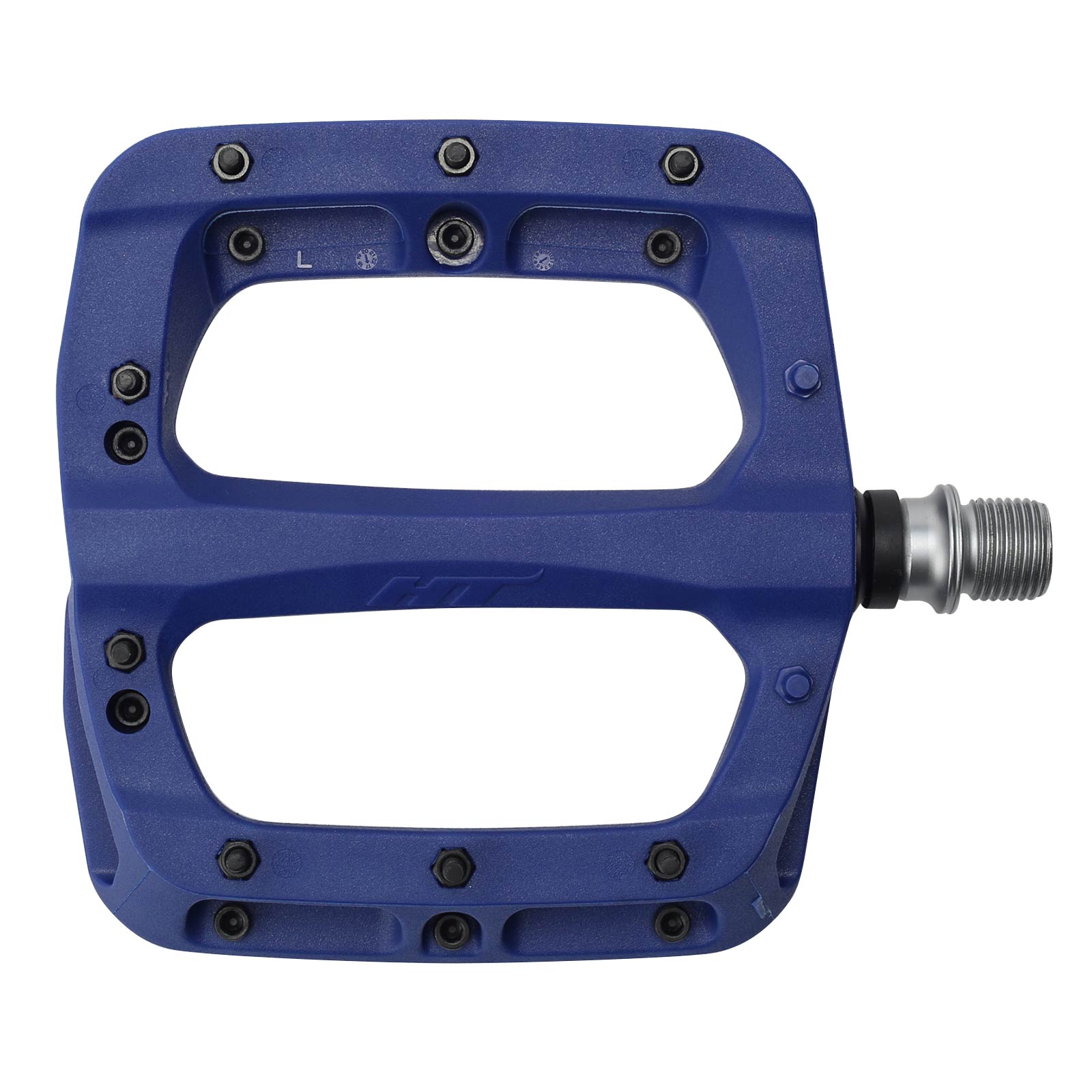 The HT PA03A Pedals are blue and feature a CNC Cromoly spindle, multiple grip screws, an "L" marking for left-side installation, and a robust design made from nylon-reinforced composite materials for enhanced durability and performance.