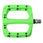 HT PA03A Pedals have a green nylon-reinforced composite body with a metal axle and CNC Chromoly construction. Features include replaceable SAP pins for optimal grip and two rectangular cutouts.