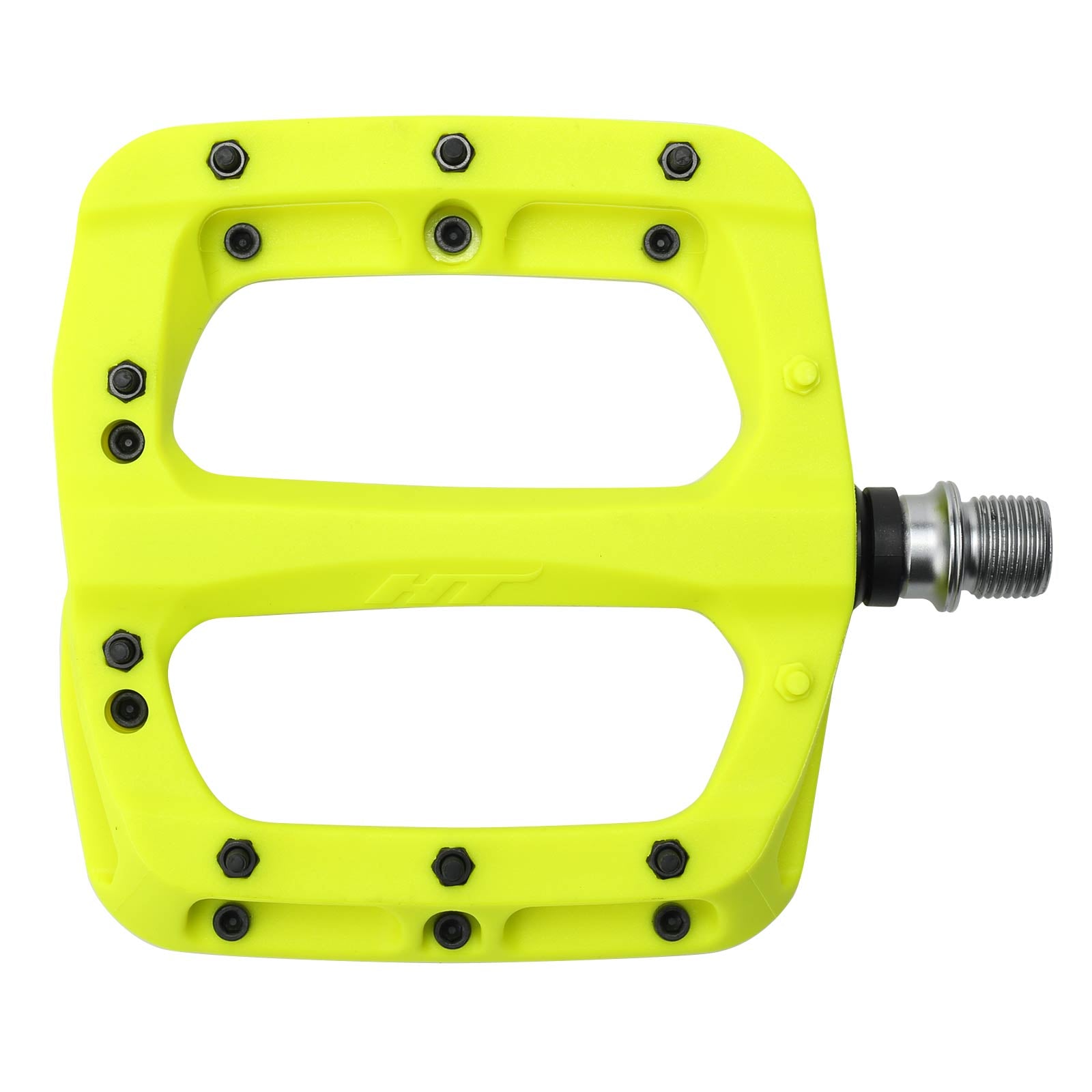 The HT PA03A Pedals are bright yellow, flat platform pedals with replaceable SAP pins. They feature a metal spindle and a lightweight design, crafted from nylon-reinforced composite for enhanced durability.