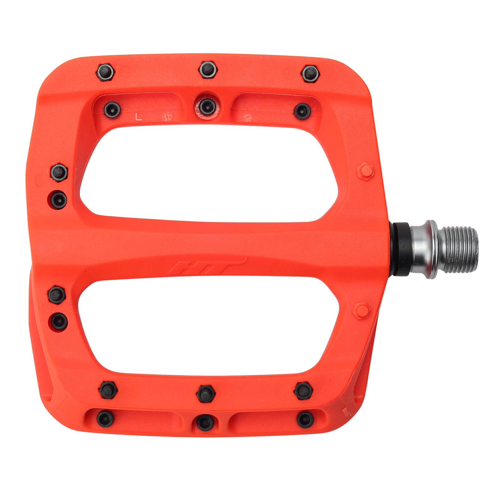 The HT PA03A Pedals are orange with a flat, rectangular design and multiple black grip pins. They feature a silver spindle on one side and are made from durable nylon-reinforced composite with CNC Cromoly construction for a smooth ride.