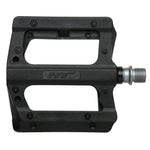 The HT PA12A Pedals are black with a lightweight composite body, a silver axle, and feature the "HT" logo in the center.