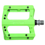 The HT PA12A Pedals are bright green with a composite body, black pins, and a silver spindle, providing lightweight performance for your ride.