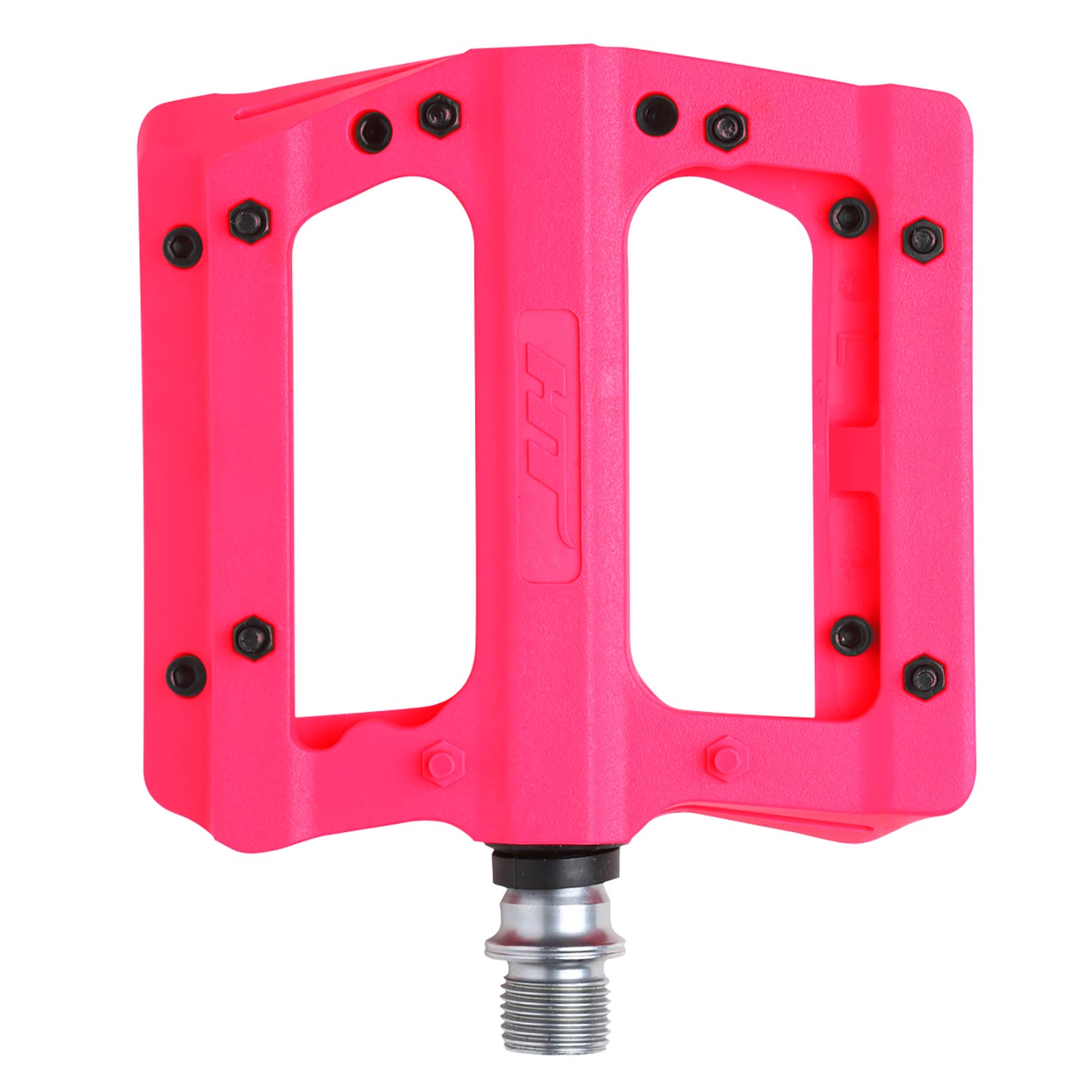 The HT PA12A Pedals feature bright pink nylon construction with black pins, a silver CNC Cromoly spindle, and the HT logo on the side.