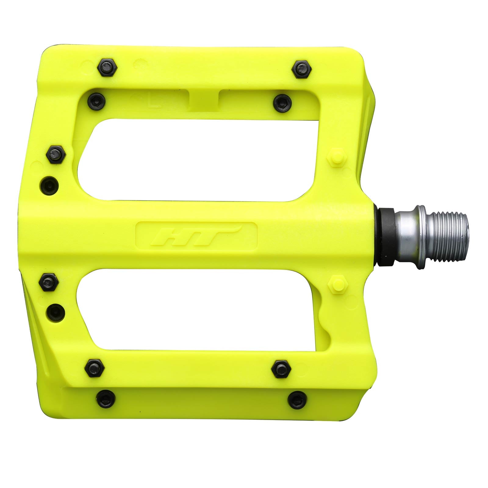 HT PA12A bicycle pedal in yellow, featuring black pins and a CNC Cromoly metal spindle, showcased against a white background.