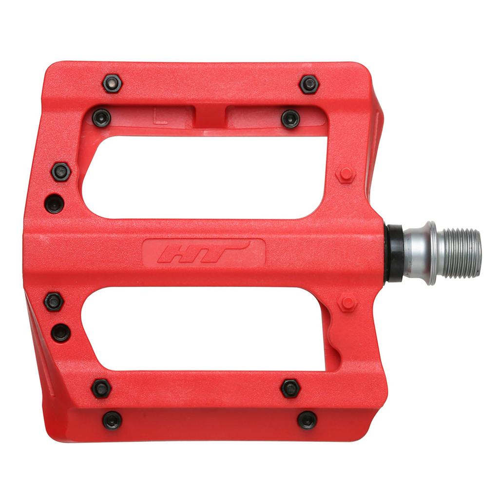 The HT PA12A Pedals feature black traction pins, a CNC Cromoly spindle, and durable nylon construction.