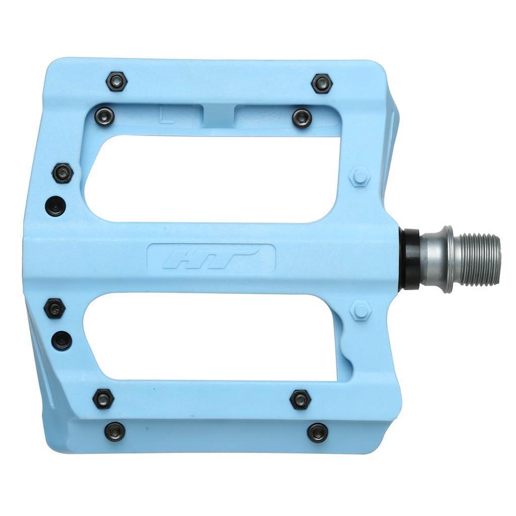 The HT PA12A Pedals are expertly crafted in light blue nylon with a silver spindle and metal pins using CNC precision.