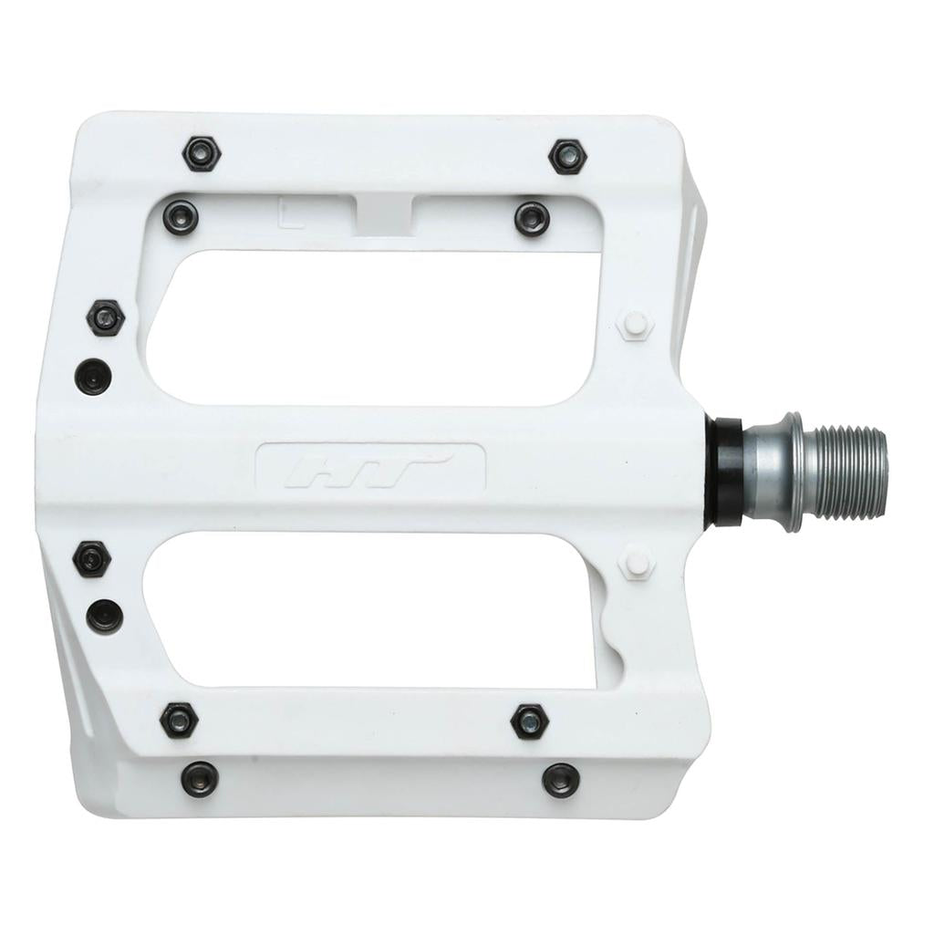 HT PA12A Pedals are white bicycle pedals featuring CNC Cromoly screws, silver spindles, and an open design.