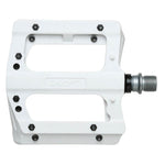 HT PA12A Pedals are white bicycle pedals featuring CNC Cromoly screws, silver spindles, and an open design.