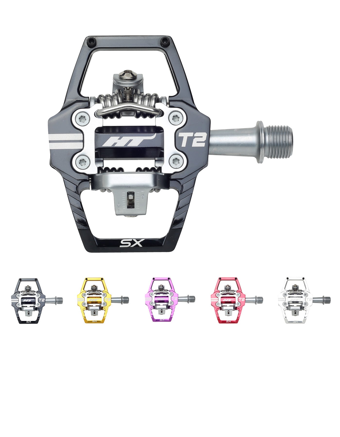 Explore the HT T2-SX Clip In Pedals, expertly designed with a CNC machined cleat system for seamless attachment and durability, available in vibrant colors: black, yellow, purple, red, and white.