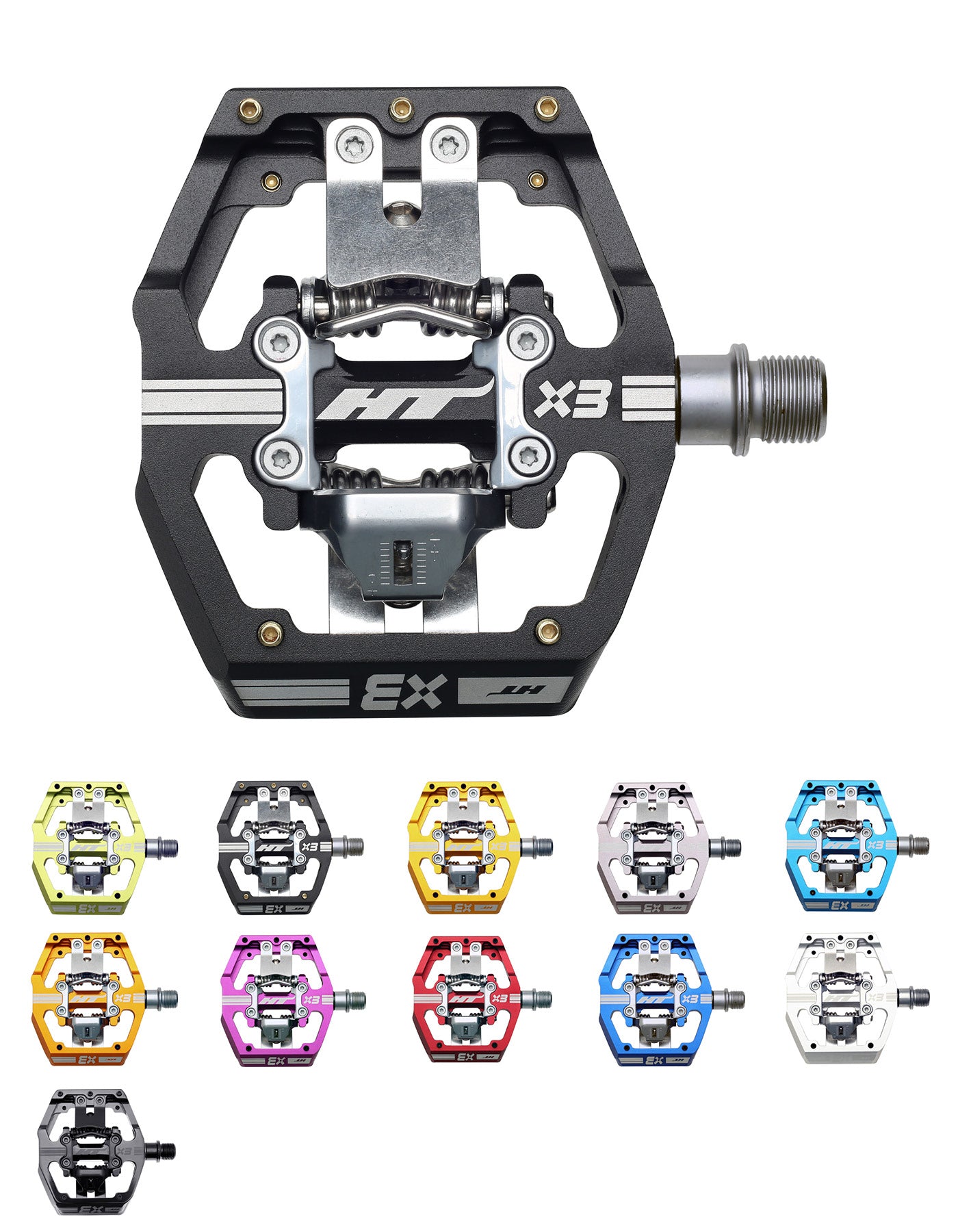 The HT X3 Clip In Pedals come in various colors, featuring a clipless design with an open structure for easy entry and exit, and are equipped with a sealed bearing system for smooth performance.