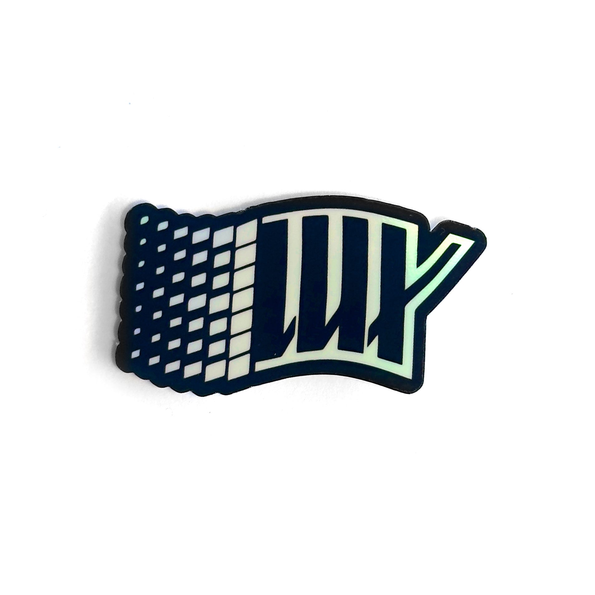 A badge featuring the word "July" in a wave pattern, blending grid and solid letters, reminiscent of a LUXBMX Y2K Holo Sticker.