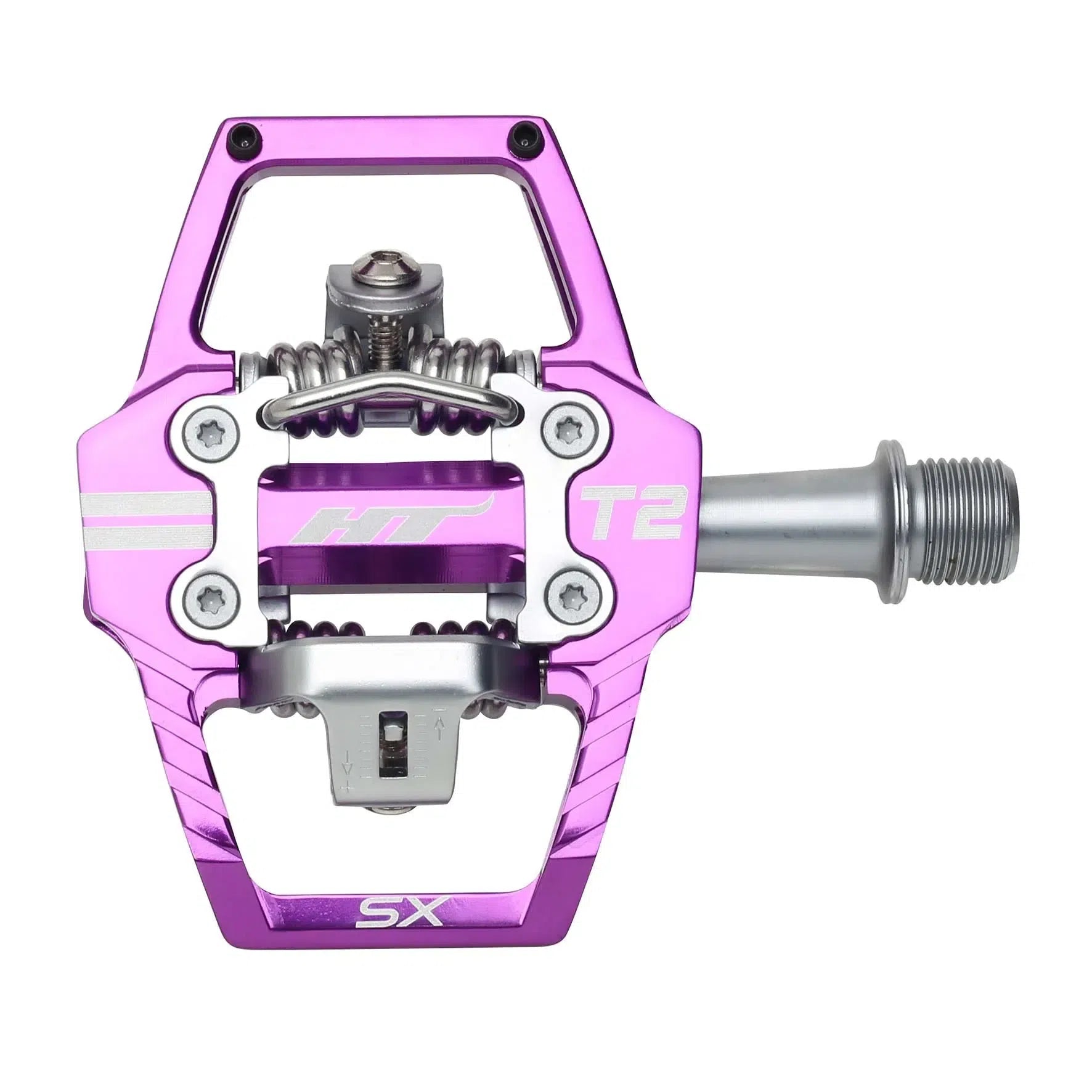 The HT T2-SX Clip In Pedals come in purple with a silver axle and sleek design, complementing any bike. Expertly CNC machined for precision, they're compatible with cleat systems to boost performance.