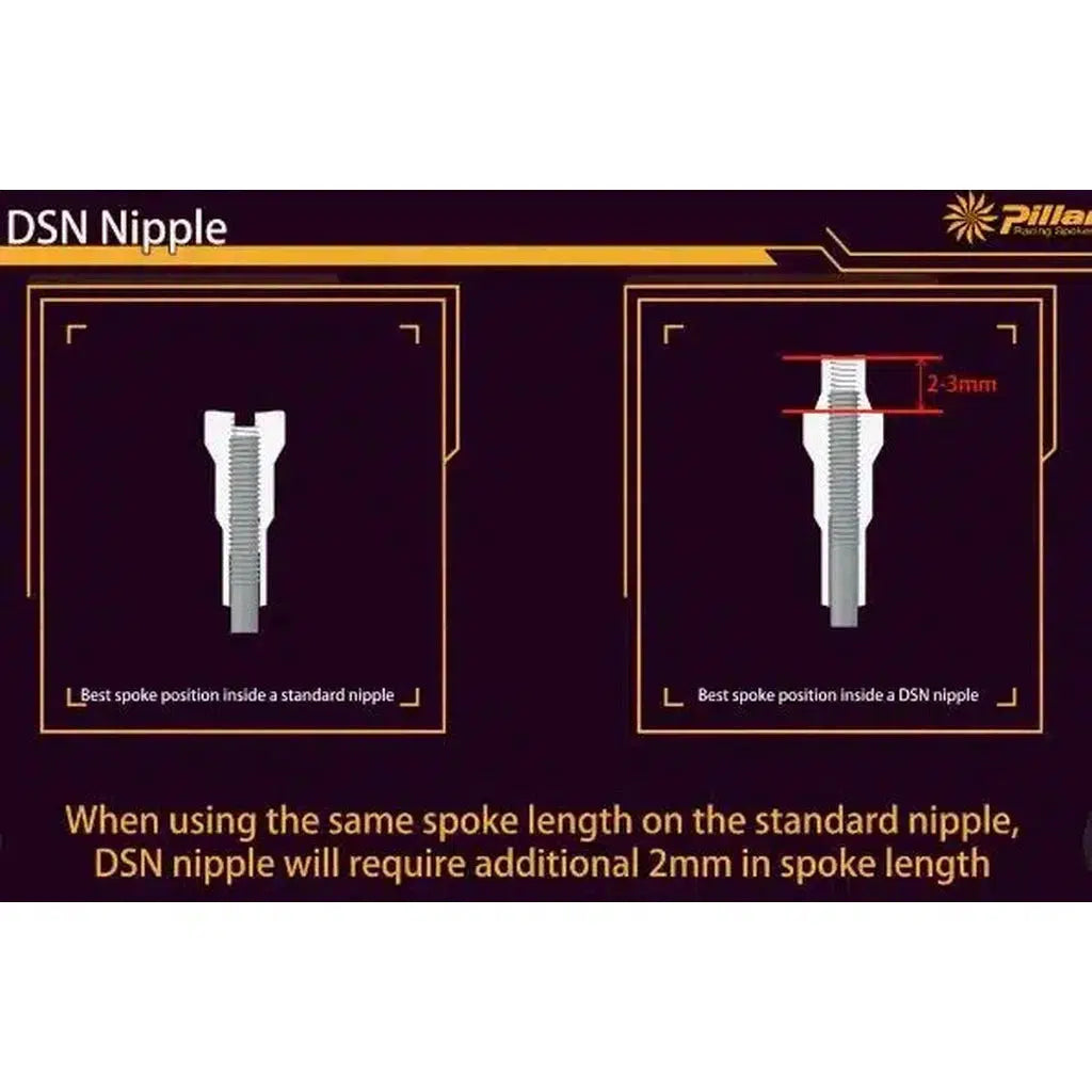 Diagram of the Pillar DSN 14g Aluminium AB Lock Nipple (Each) showing that it requires an additional 2mm spoke length compared to standard square drive nipples.