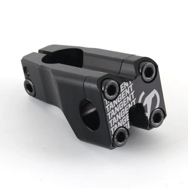 The Tangent Front Load Stem, a sleek black bicycle stem featuring the "TANGENT" branding, is CNC manufactured for precision. It includes four bolts on the front for secure handlebar attachment and showcases an angular profile. This product is part of Tangent's high-quality race products line.