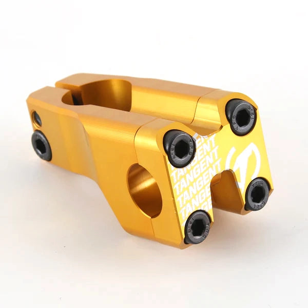 The Tangent Front Load Stem, emblazoned with 'Tangent' in white letters, is a gold bicycle stem featuring multiple mounting holes and screw bolts for secure attachment. This race product is CNC manufactured for precision and durability.