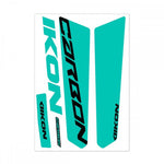 Teal and black "IKON Fork Leg Sticker Kit 20\" PRO-Tapered" decals on a white background capture the sleek style of Ikon race designs, making them ideal for personalizing your ride.