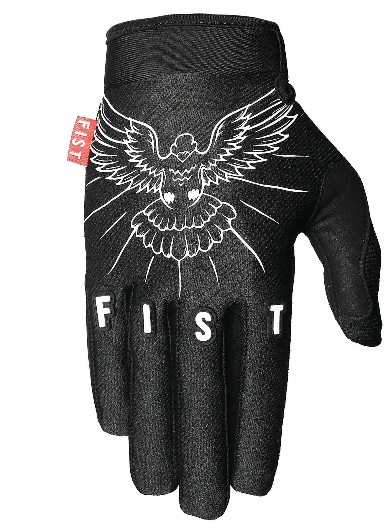 The Fist Dove Glove is a lightweight black glove adorned with a white bird illustration and the word "FIST" printed on the fingers, and it features touch screen conductive fingertips.