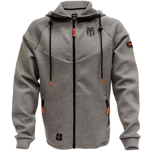 The Maxxis Performance Zip Hoodie, perfect for winter, is a gray zip-up with black drawstrings and orange accents. It features a Maxxis logo on the chest, side pockets, and a stylish patch on the sleeve.