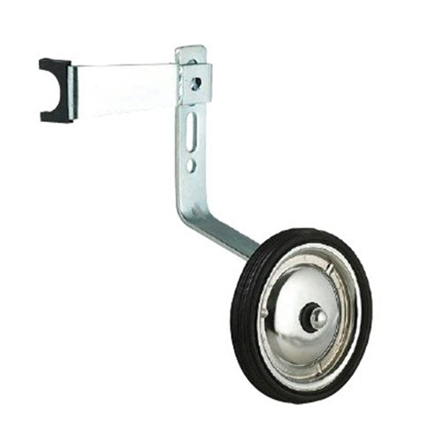 The 'Training Wheels (12-20 Inch)' feature a metal construction, black rubber tire, and an adjustable mounting bracket for universal fit on kids' bikes ranging from 12 to 20 inches.