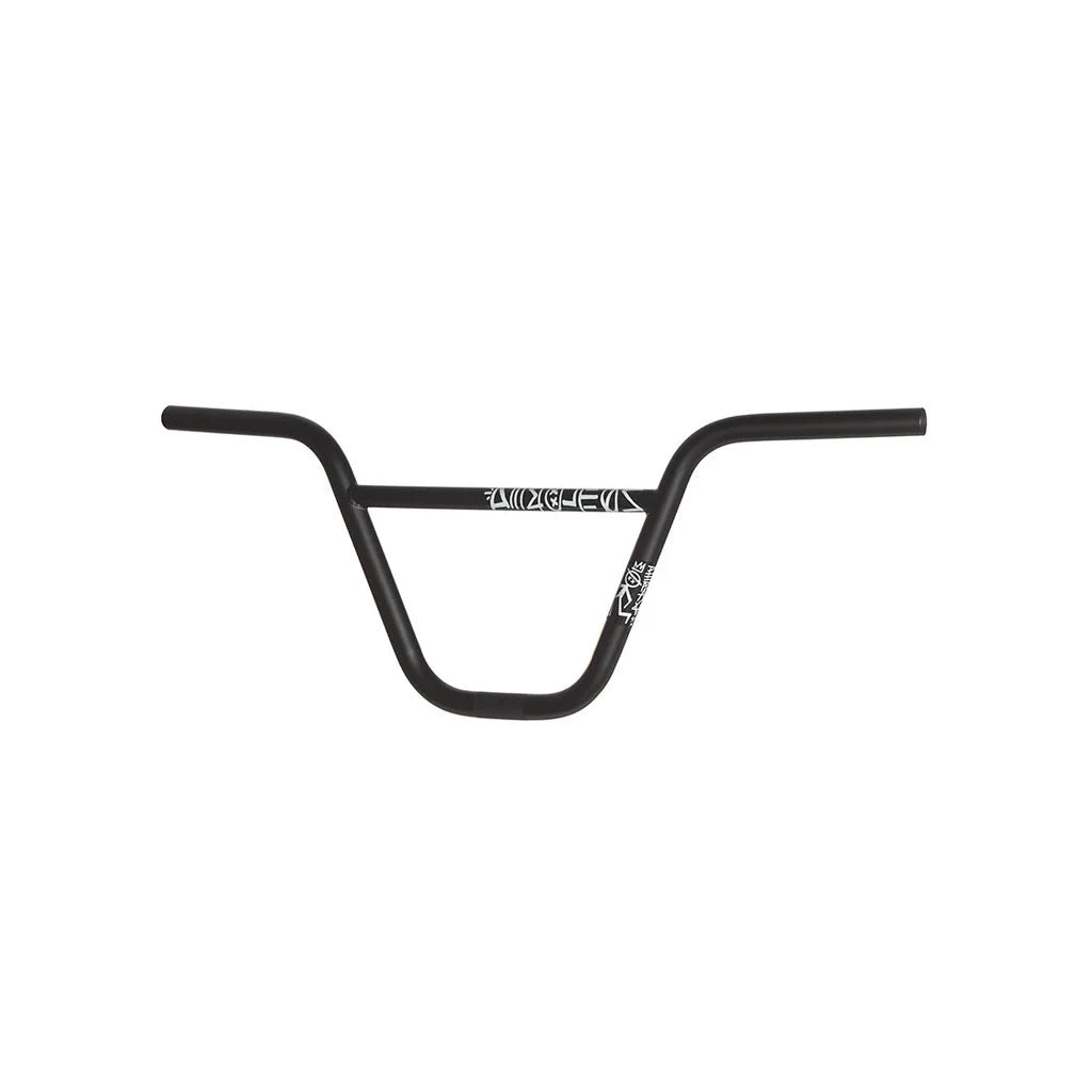 The Demolition Kevin Peraza Handle Bar is a BMX handlebar in black, adorned with white design accents and constructed from durable heat-treated chromoly for a straightforward yet robust build.