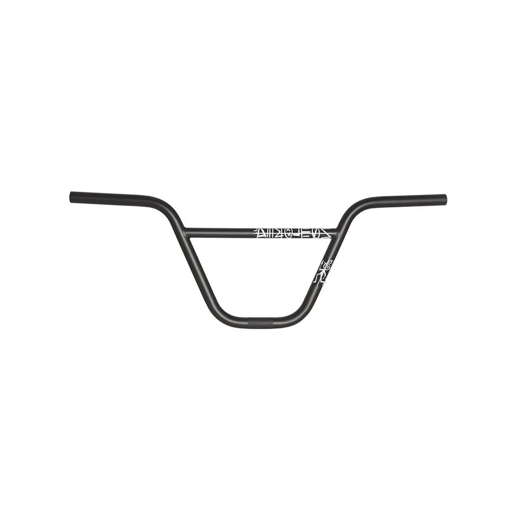 The Demolition Kevin Peraza Handle Bar features a sleek two-piece design in black aluminum, expertly crafted from heat-treated chromoly, and is displayed against a white background.