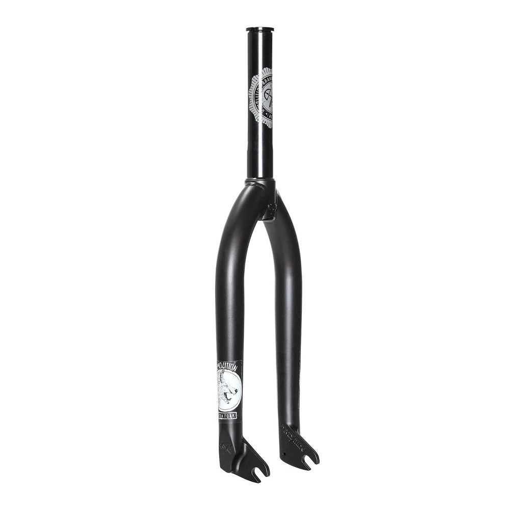 The Demolition Kris Fox Forks come with a sleek black finish adorned with decals, a cylindrical head tube, and two straight heat-treated CRMO tapered legs equipped with dropouts for wheel attachment.