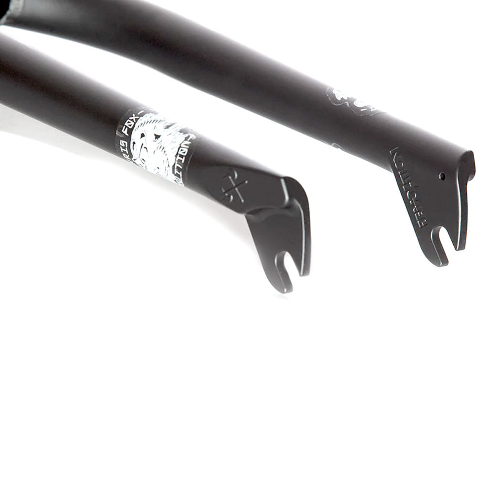 Close-up of the dropouts on the Demolition Kris Fox Forks, featuring heat-treated CRMO and tapered legs.