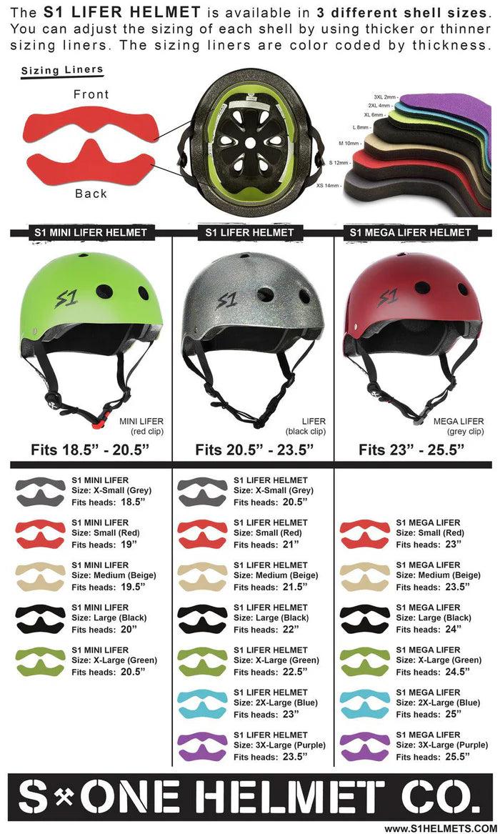 Chart detailing different sizes and liner colors of the S-One Helmet Lifer Black Gloss, including Mini, Lifer, and Mega models. It shows helmet views, adjustable sizing options, and corresponding liner colors for each size of this multi-impact helmet.