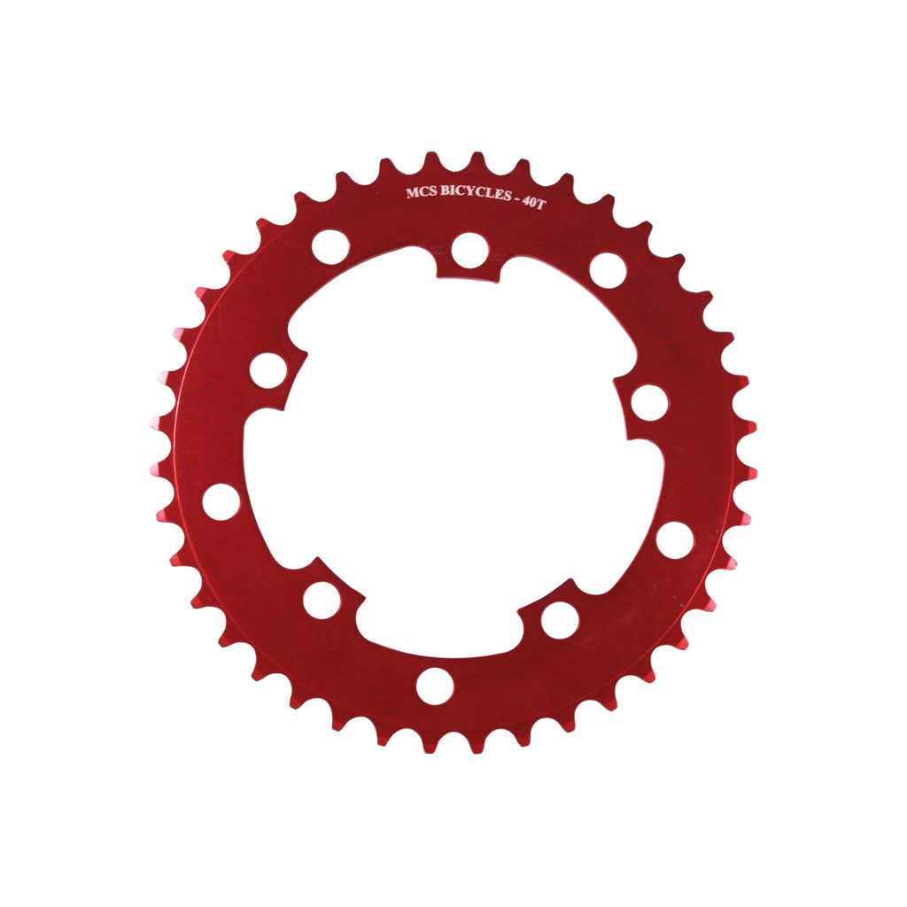 Description: A red CNC machined chainring, crafted from 6061 aluminium, with the text "MCS BICYCLES - 40T" engraved at the top and multiple evenly spaced mounting holes around the inner edge. Perfect for BMX racing sprockets.

Product Name: MCS 110BCD 5 Bolt Chainring

