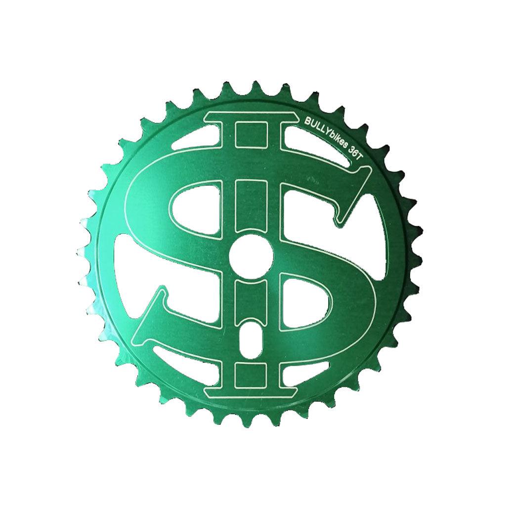 A green 6061 aluminum alloy chainwheel featuring a dollar sign cutout design and the text "BULLYoke 36T" on the upper edge, ideal for Bully Bikes BMX enthusiasts, named the MCS Bully Big Money Chainwheel.