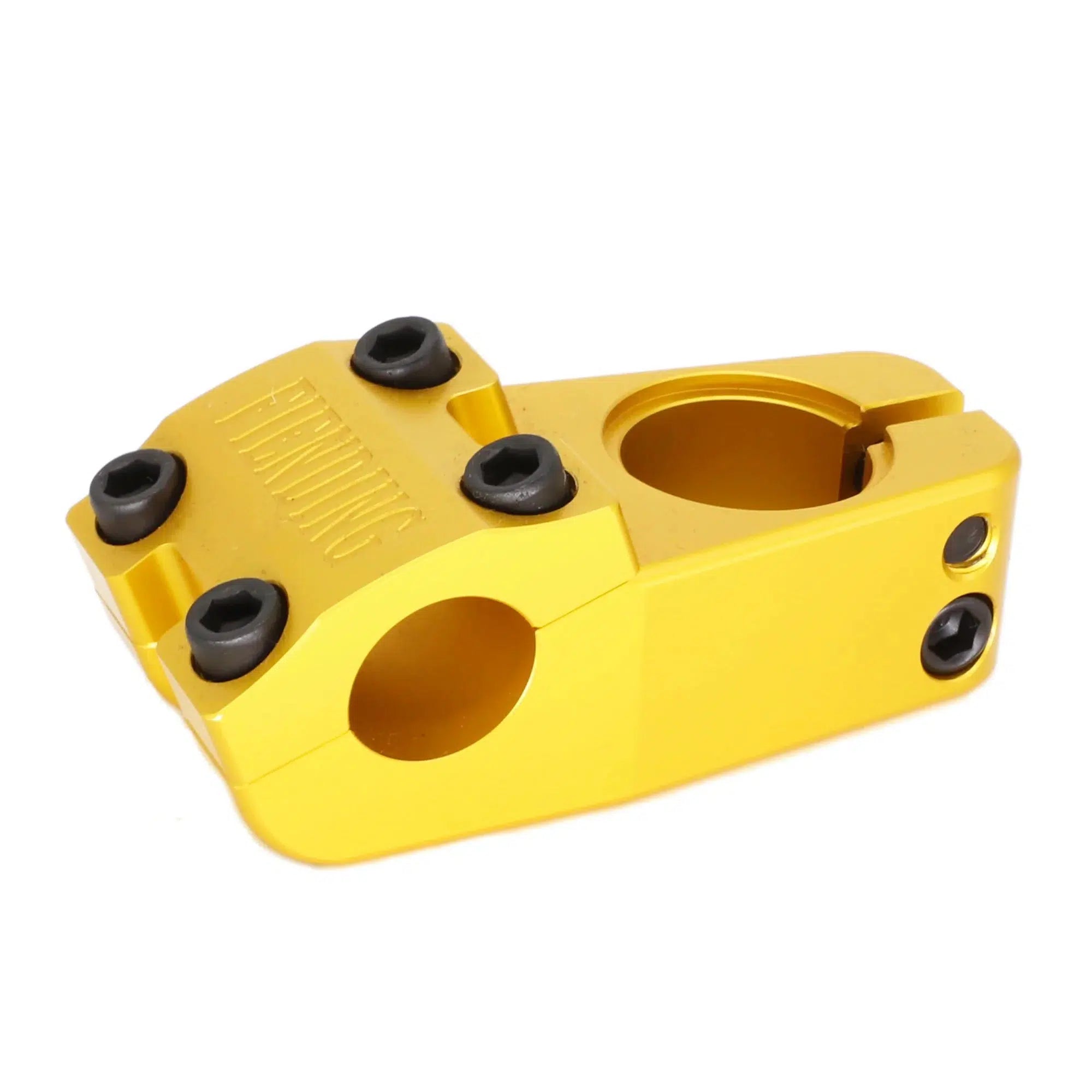 A Fiend BMX Mills Stem in yellow, featuring four black hex bolts for handlebar attachment, perfect for BMX parts enthusiasts.