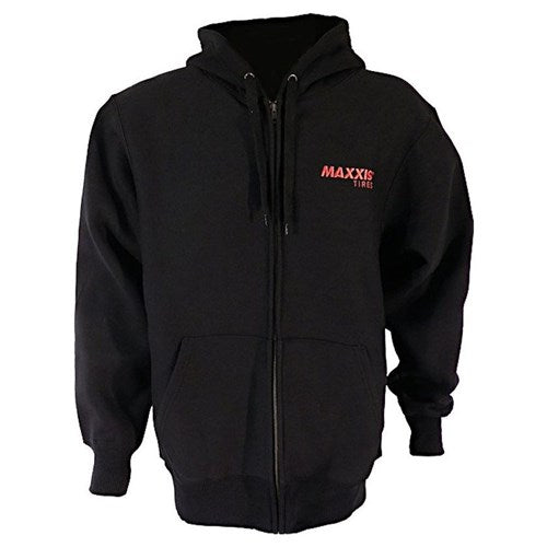 The Maxxis Zip Hoodie is a black zip-up with front pockets, ideal for cold weather. Stay cozy and stylish with the small red "MAXXIS Tires" logo on the upper left chest.