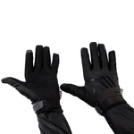 A pair of LUXBMX X FIST Youth Gloves in sleek black with adjustable wrist straps, showcased on a white background.