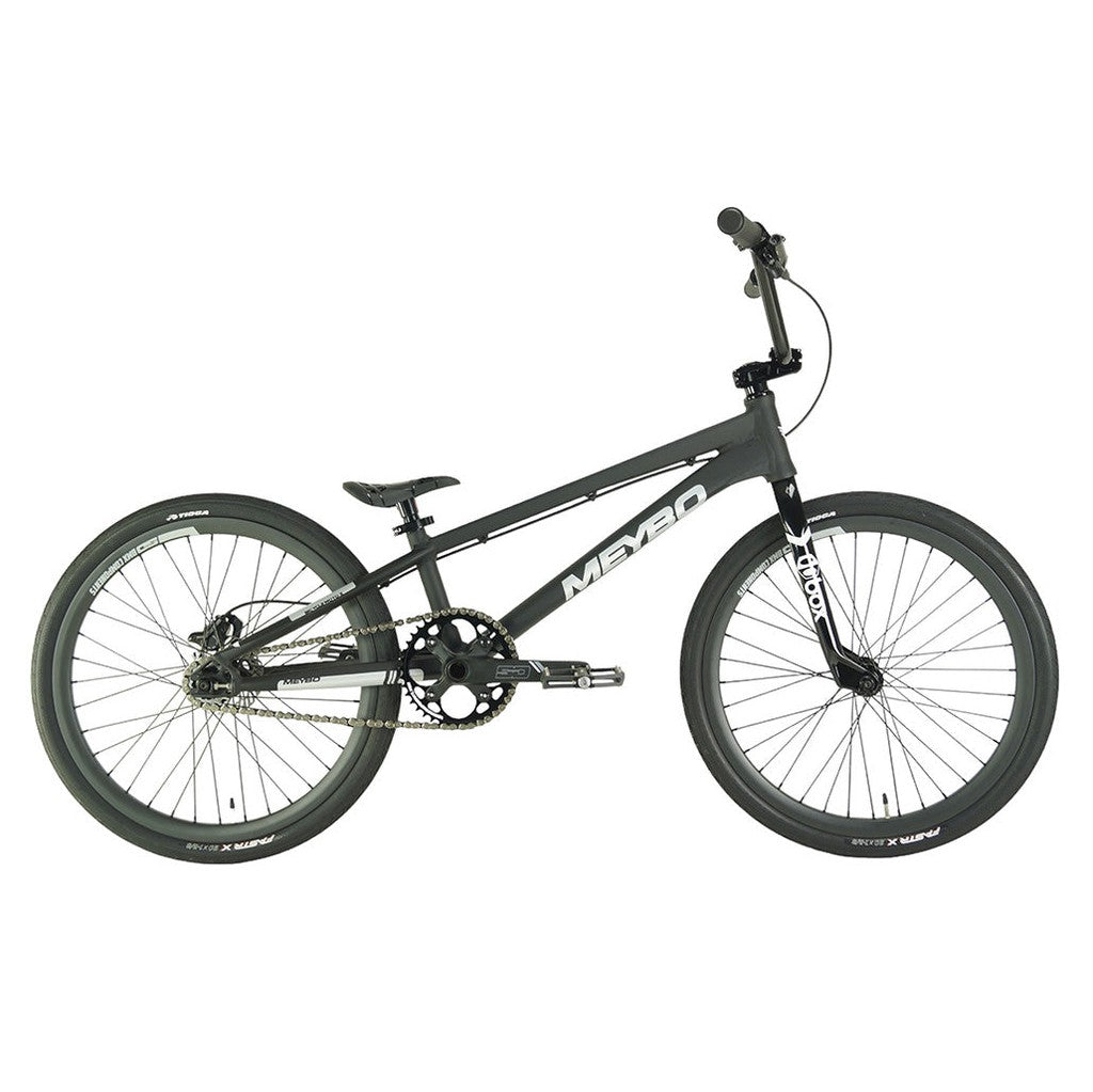 A Meybo 2024 Patron Expert XL Bike, a black BMX race bike with SD carbon fibre rims, showcased on a white background.