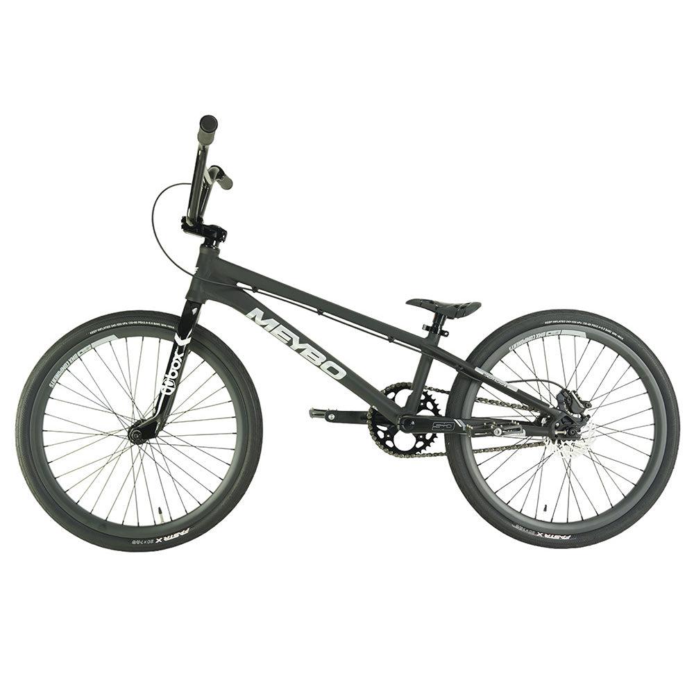 A Meybo 2024 Patron Expert XL Bike, a black BMX race bike with SD carbon fibre rims, showcased on a white background.