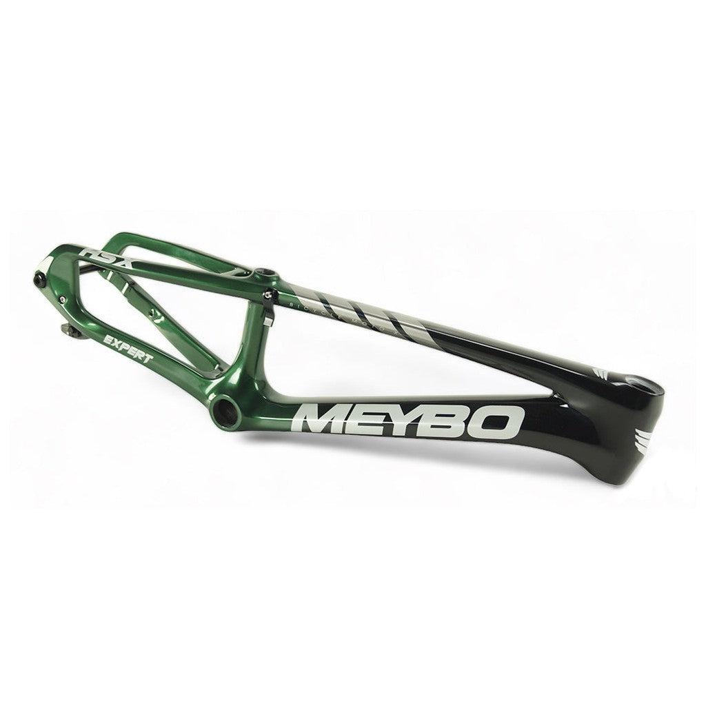 A green Meybo 2024 Carbon HSX Expert XL BMX race frame with a carbon frame.