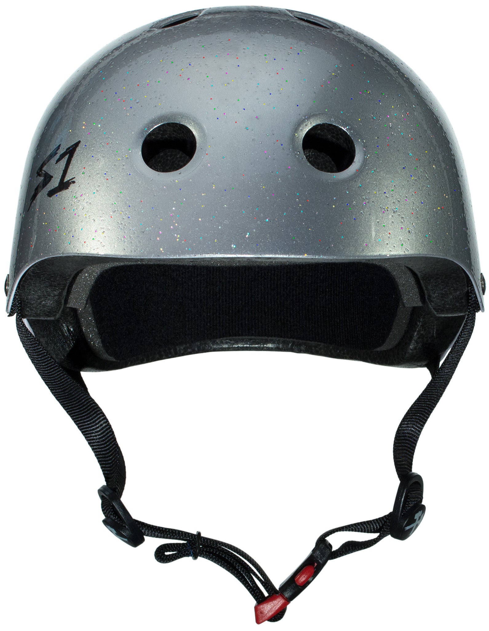 The S-One Helmet Mini Lifer Silver Gloss Glitter, featuring ventilation holes and a black adjustable strap with red clasps, is designed for head protection and boasts EPS Fusion Foam for enhanced safety.