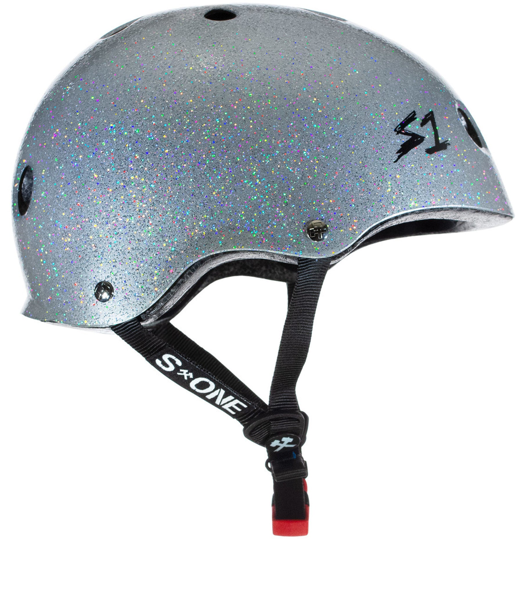 A sparkly silver S-One Helmet Mini Lifer Silver Gloss Glitter with black straps and a red buckle, featuring the "S-ONE" logo on the adjustable chin strap and the "S1" logo on the side. This multi-impact helmet is equipped with EPS Fusion Foam for superior protection.