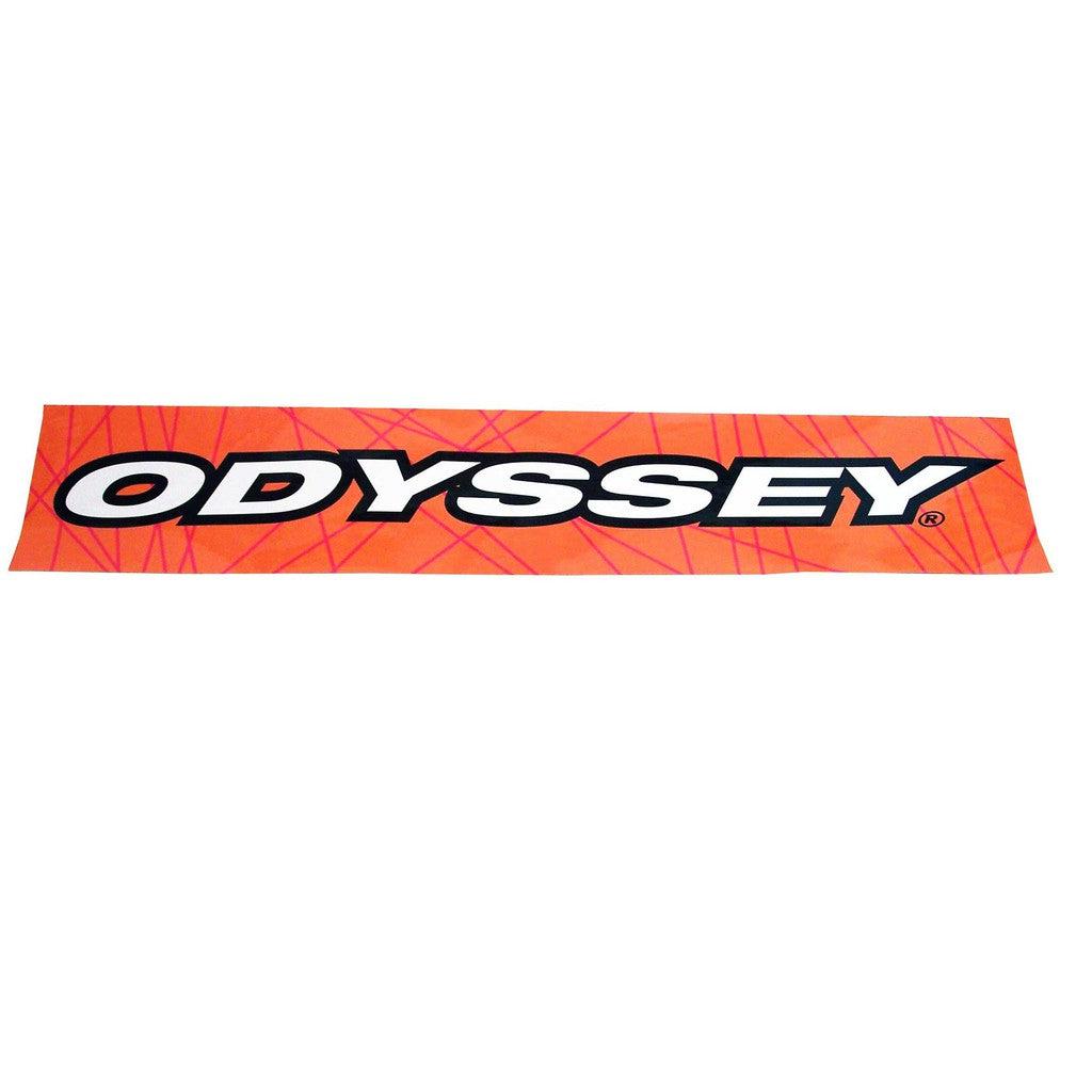 A bright orange rectangular sticker, measuring 24" x 2.4", with the text "ODYSSEY" in bold white letters outlined in black, known as the Odyssey Ramp Sticker.