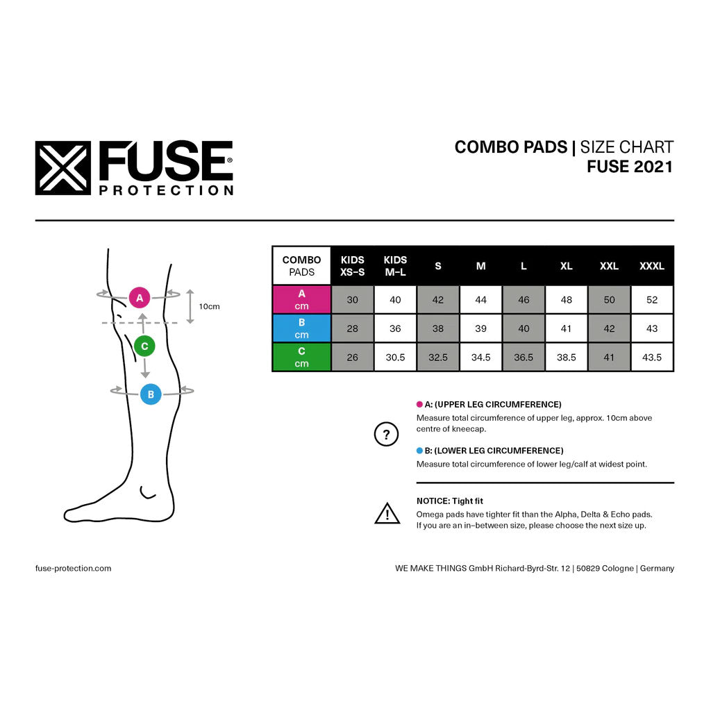 Fuse Omega 100 Knee Shin Combo Pads size chart, 2021: Features measurements for upper leg (A) and lower leg (B) circumferences, along with a diagram showing the Kevlar section and SAS-TEC insert points.