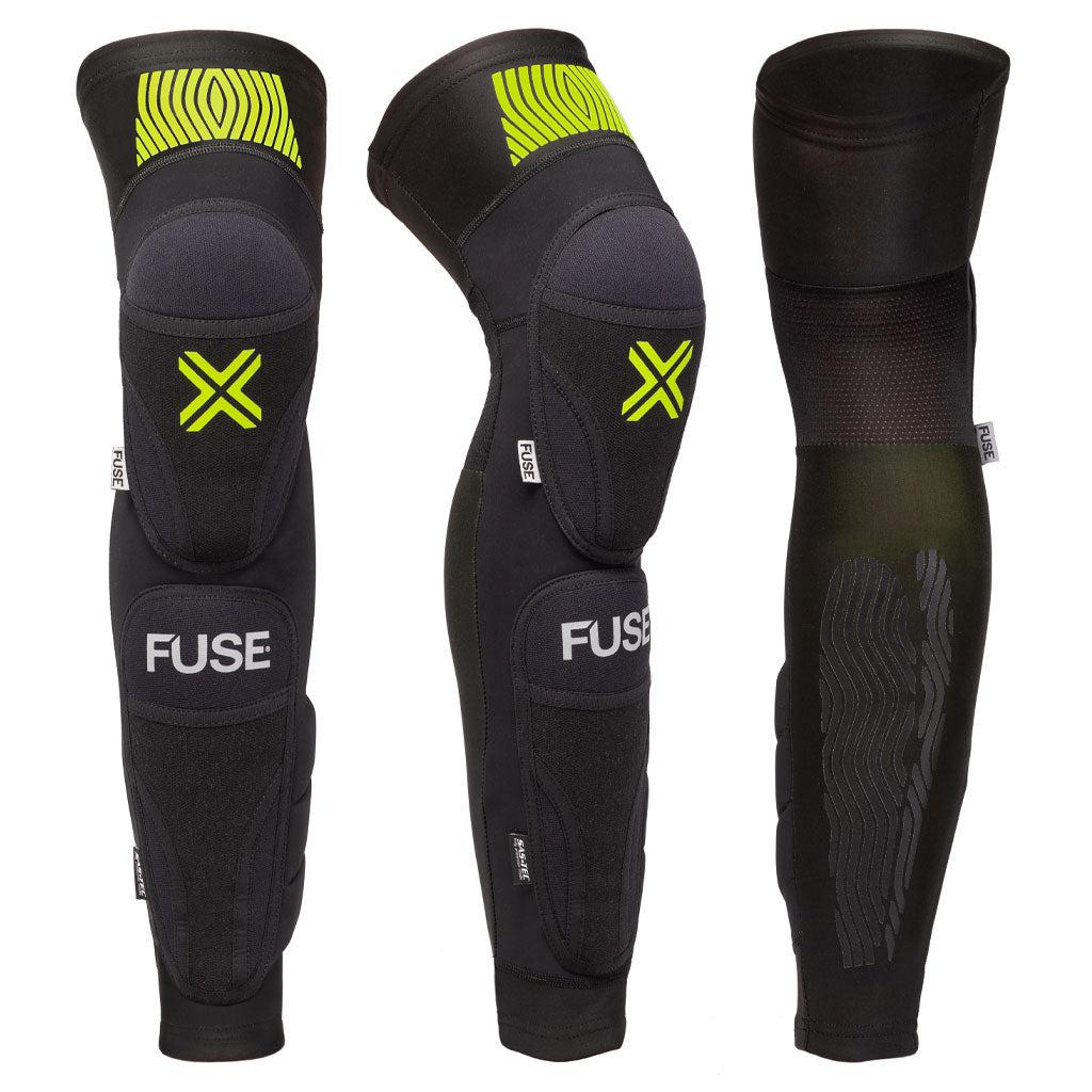 The Fuse Omega 100 Knee Shin Combo Pads come in sets of three, featuring black with neon green accents and a durable Kevlar area. The word "FUSE" is visible from various angles.